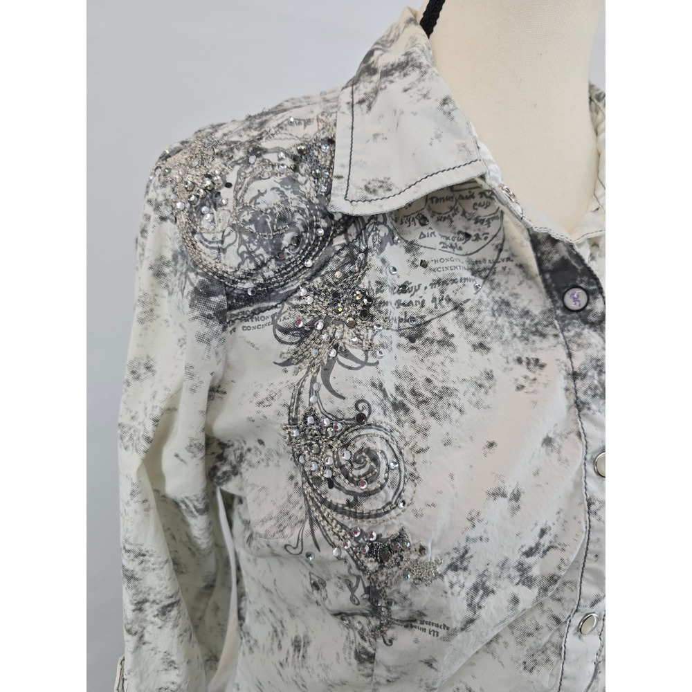 Roar Passion To Womens Western Snap Shirt White Black Rhinestone Acid Wash Med - Picture 3 of 7